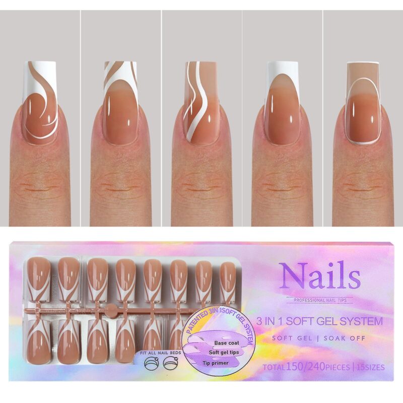 Capsules Pose américaine/ Gel X Tips  Long Dark Square White Lines