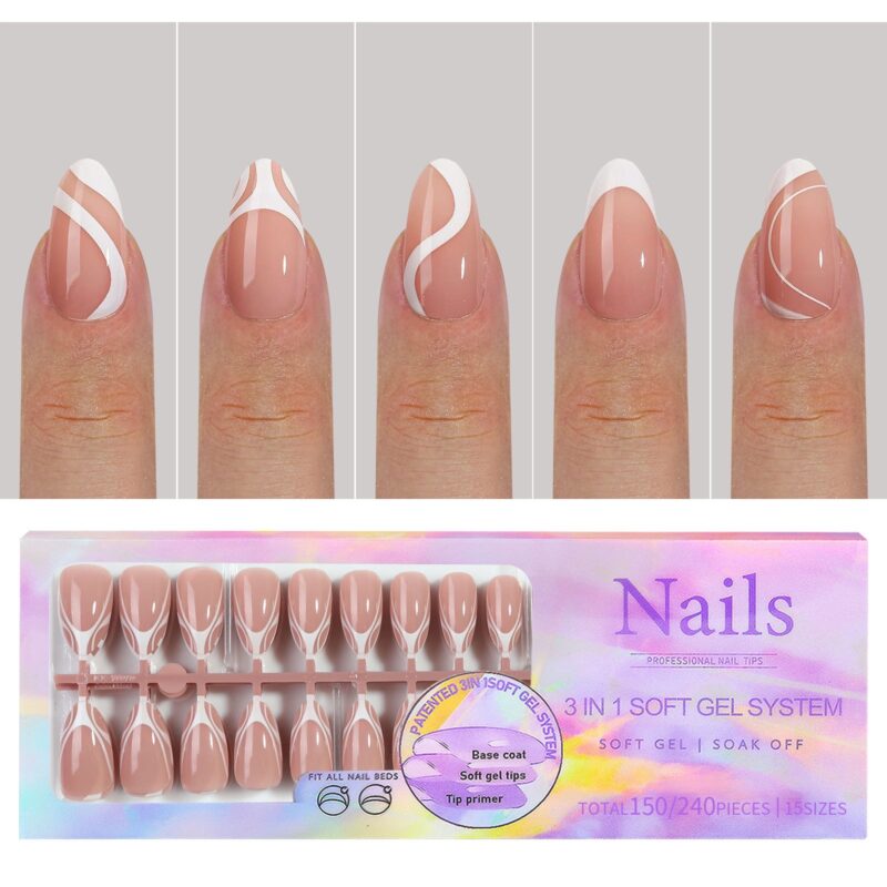 Gel X Tips  Nude Almond White Lines