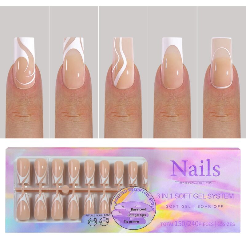Capsules Pose américaine/ Gel X Tips  Long Beige Square White Lines